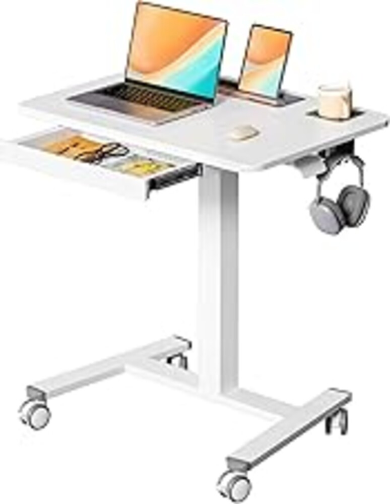 JYLH JOYSEEKER Mobile Standing Desk with Drawer, 28" Rolling Desk with Cup Holder and Hooks, Portable Laptop Cart on Wheels, Height Adjustable Workstation with Storage for Home Office, White