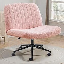 OLIXIS Criss Cross Chair with Wheels Wide Cross Legged Office Desk Vanity Chair Comfy Fabric Armless Adjustable Swivel for Home Computer Task Teddy Pink