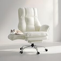 Big and Tall Office Chair, Flip Armrests for Pets & Cross Legged Sitting, Executive Ergonomic Computer Gaming Chair with Foot Rest, Teddy Fleece Wide Seat Reclining Desk Chair, White Vanity Chair