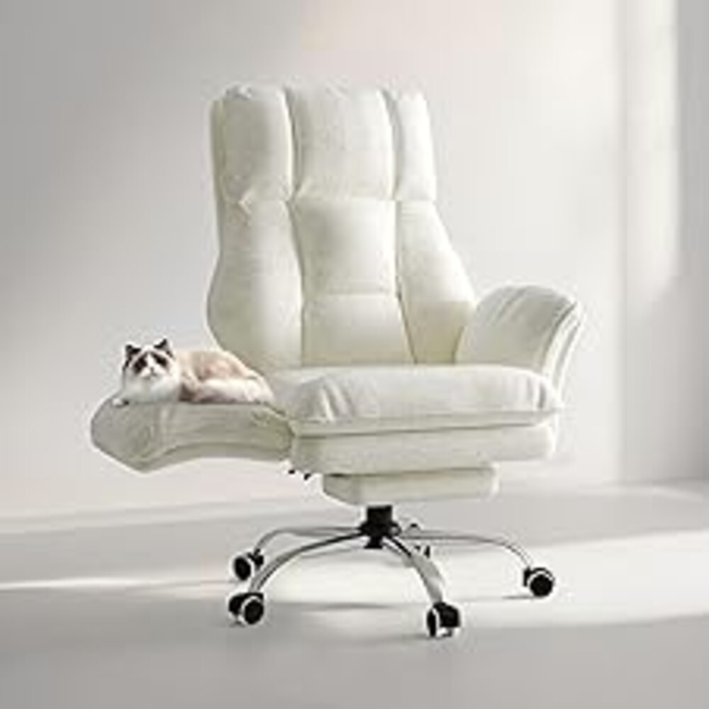 Big and Tall Office Chair, Flip Armrests for Pets & Cross Legged Sitting, Executive Ergonomic Computer Gaming Chair with Foot Rest, Teddy Fleece Wide Seat Reclining Desk Chair, White Vanity Chair