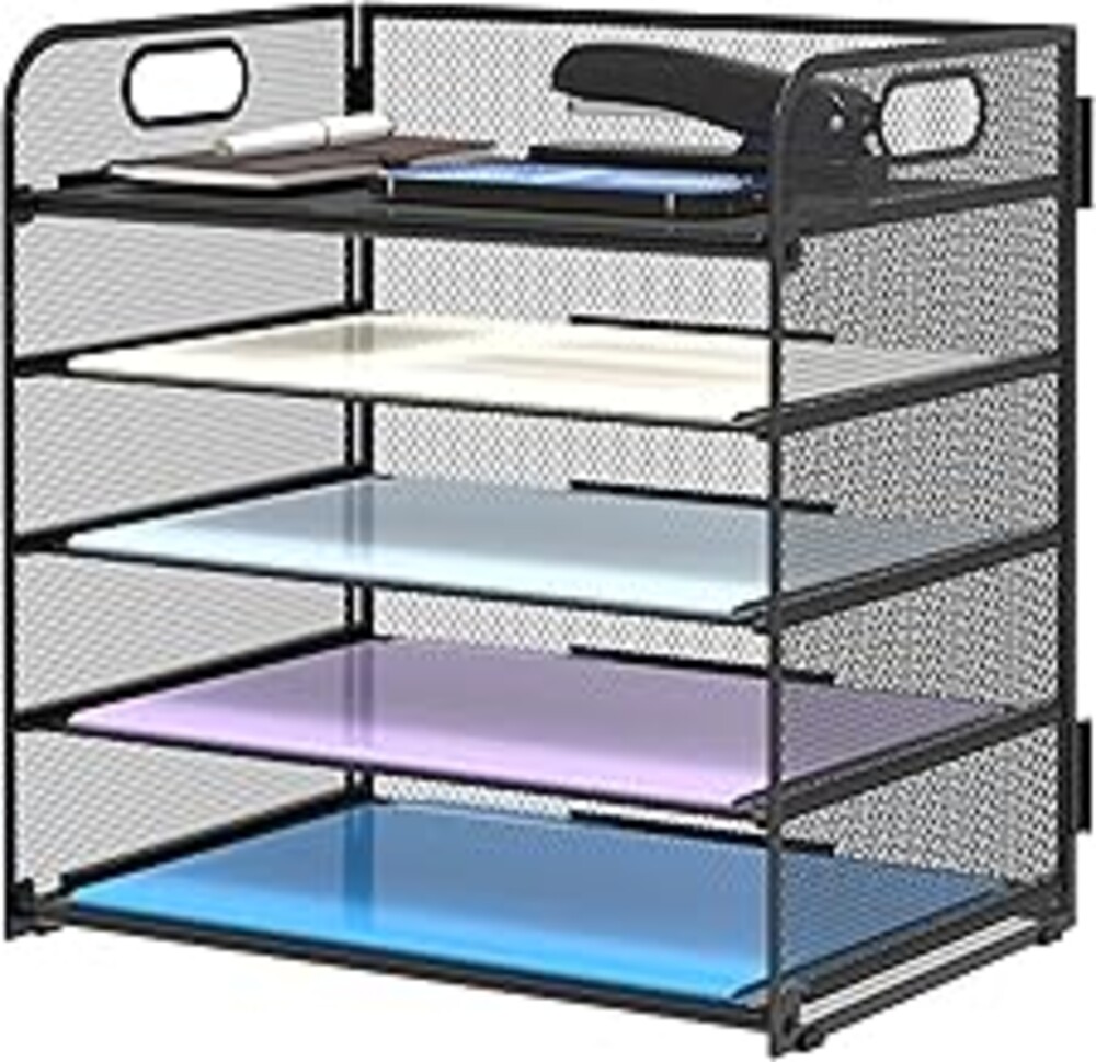 Supeasy 5 Trays Paper Organizer Letter Tray with Handle-Mesh Desk File Holders, Paper Sorter Desk Organizer for Office, Home, Classroom or School