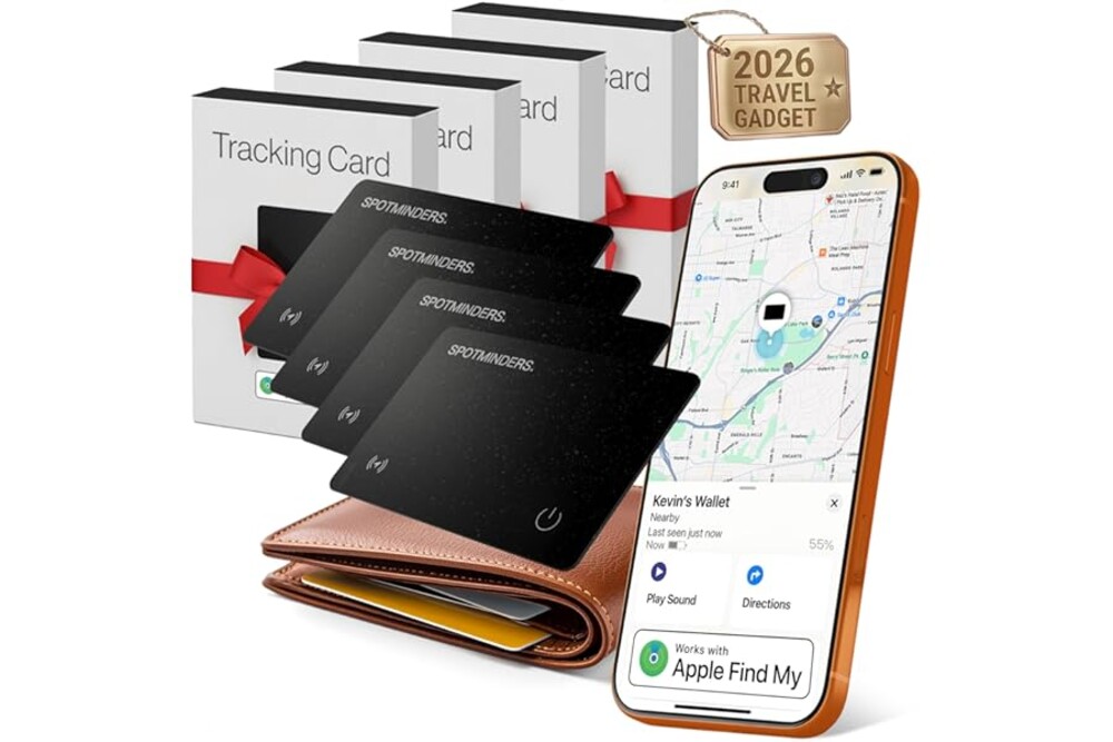 SPOTMINDERS Apple MFI Certified Wallet Tracking Card Black 4-Pack - Works with Apple Find My Rechargeable Tracker IP68 Waterp
