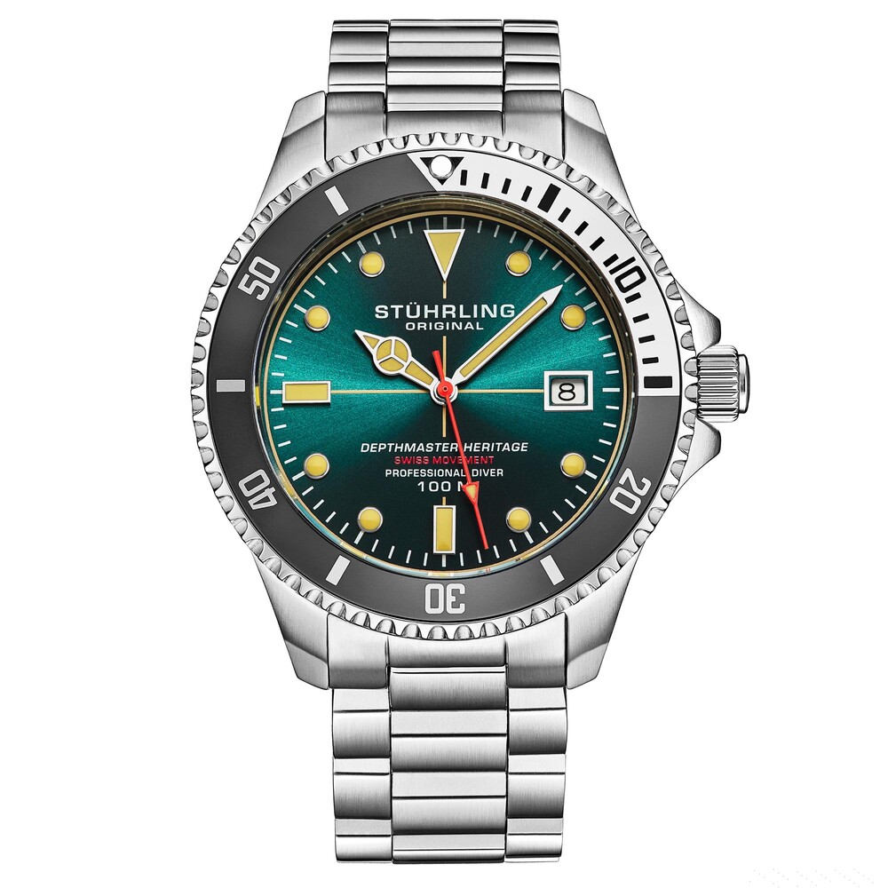 Stuhrling Depthmaster Heritage Diver Swiss Quartz Watch, 42mm, Teal Dial, Stainless Steel, 100M Water Resistant