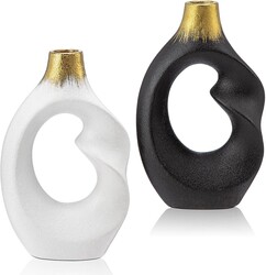 Black and White Donut Vase Set of 2 - Modern Ceramic Vases for Flowers, Centerpieces, Shelf, Entryway, Coffee Table, Living Room - Home Decor