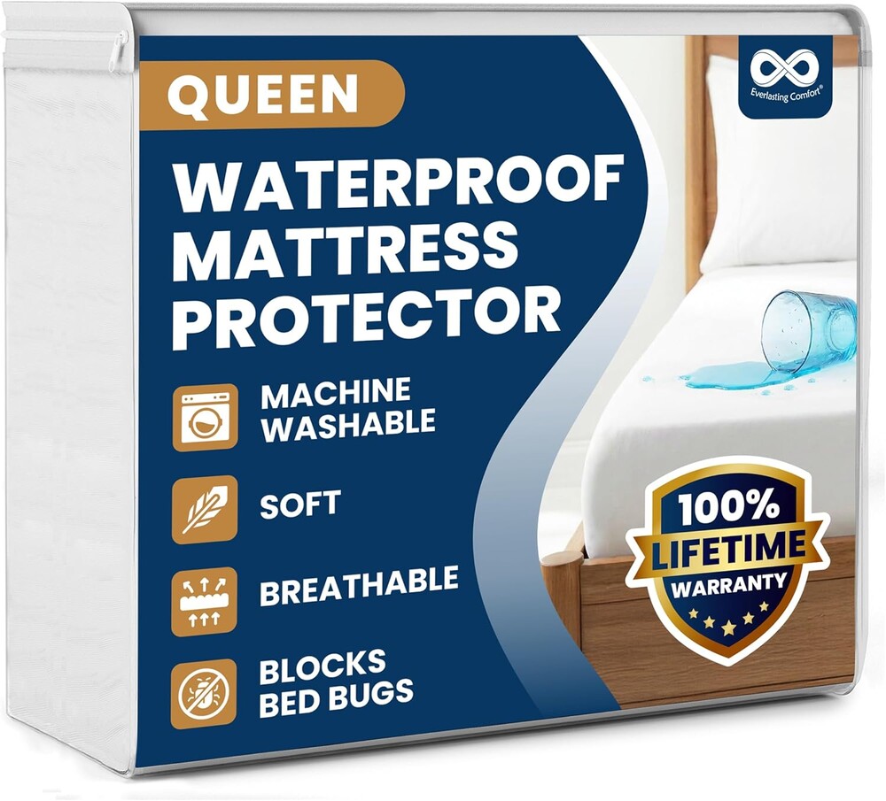 Everlasting Comfort Premium Queen Size Mattress Protector - Waterproof & Hypoallergenic, Noiseless Design, Washable Cover, 18" Deep Pocket, Bed Bug & Dust Mite Proof Cover for Sleep Hygiene