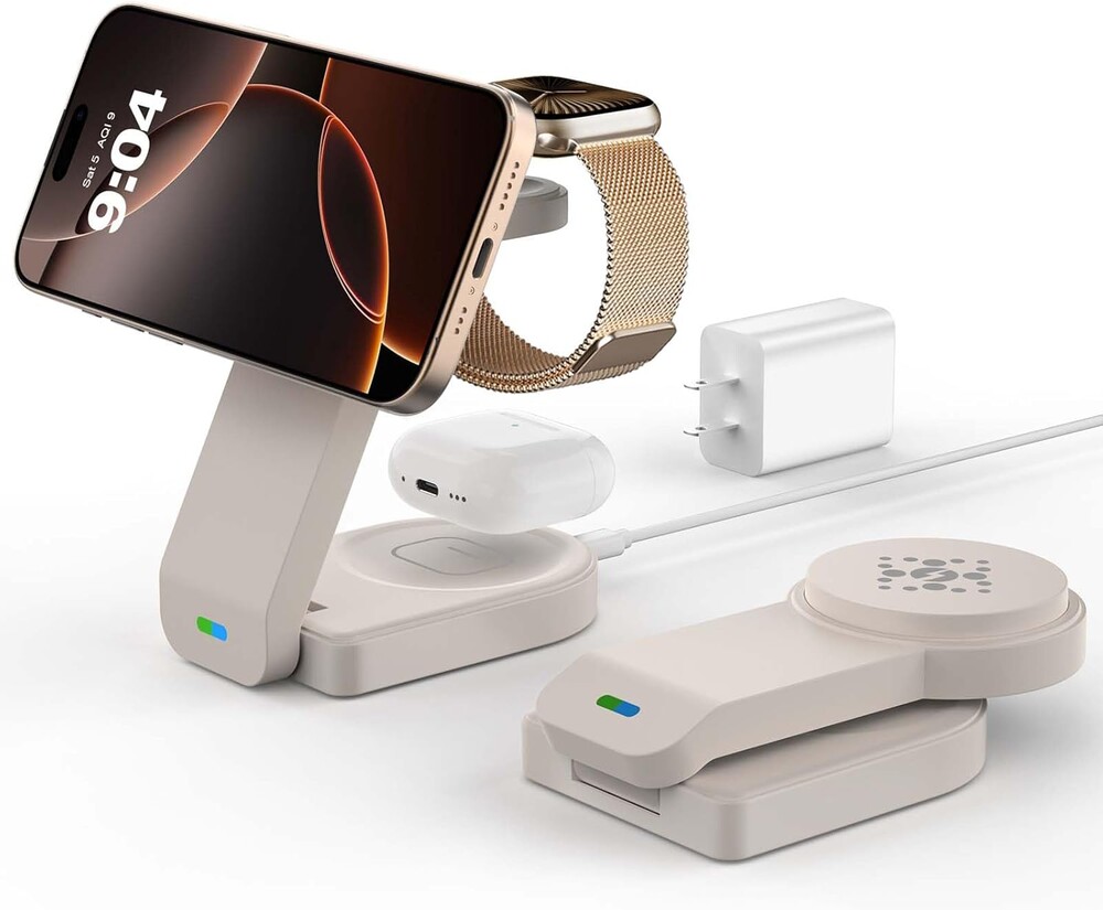 3 in 1 Wireless Charging Station Compatible with Apple,Foldable Magnetic Wireless Charger for iPhone 17/16/15/14/13/12,Apple Watch Series 11/Ultra 3/SE 3/10/9/8/7/6/5/4,Air-Pods Pro 3/4/3/2(Off-White)