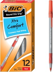 BIC Round Stic Grip Xtra Comfort Red Ballpoint Pens, Medium Point (1.2mm), 12-Count Pack, Excellent Writing Pens With Soft Grip for Superb Comfort and Control