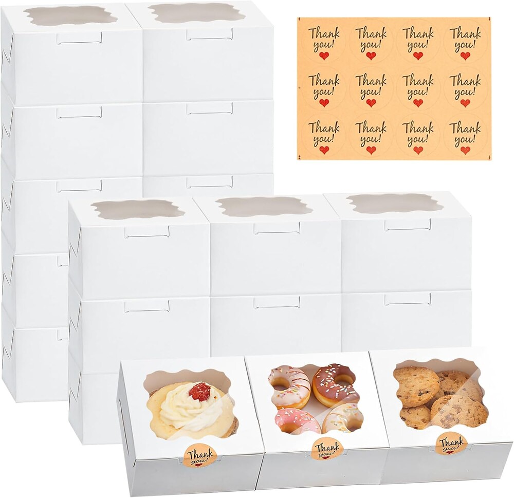 32Pcs Cookie Boxes with Window, 6×6×3 Inches White Paper Treat Boxes for Bakery Dessert Pastry Mini Cake Chocolate Candy Favor Donut Baked Goods (with Stickers)
