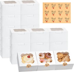 32Pcs Cookie Boxes with Window, 6×6×3 Inches White Paper Treat Boxes for Bakery Dessert Pastry Mini Cake Chocolate Candy Favor Donut Baked Goods (with Stickers)
