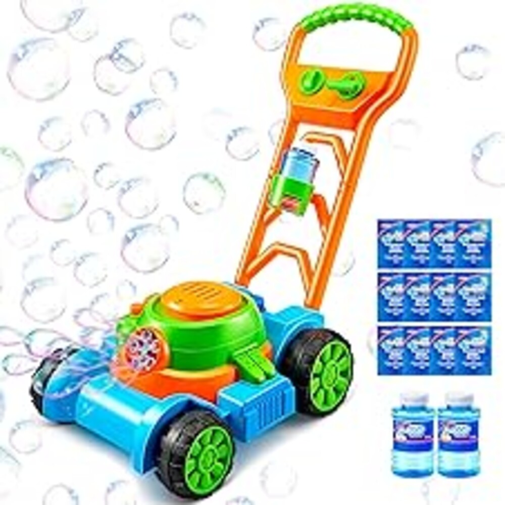 SLOOSH Bubble Lawn Mower Toddler Toys - Spill-Proof Bubble Machine Pretend Gardening Play Toy for Age 1 2 3 1-3 Year Old Baby Boys Indoor Outdoor Use, Easter Basket Stuffers Birthday Gifts (Blue)