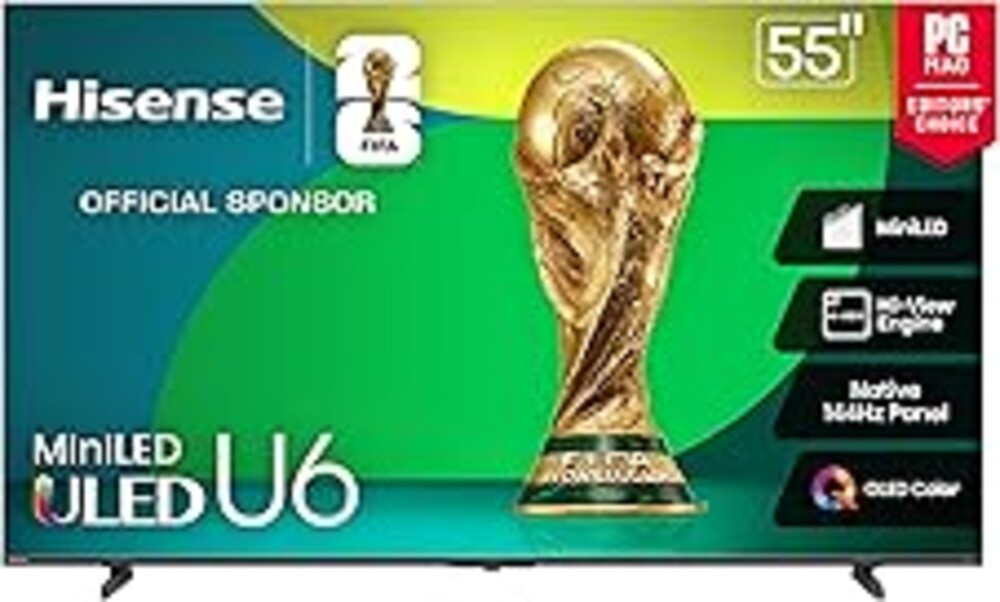 Hisense 55" Class U6 Series Mini-LED 4K UHD Smart Fire TV (55U65QF, 2025 Model) - QLED, Native 144Hz, HDR10+, Dolby Vision IQ, Dolby Atmos, Game Mode Pro, ALLM, Alexa Built in, Black