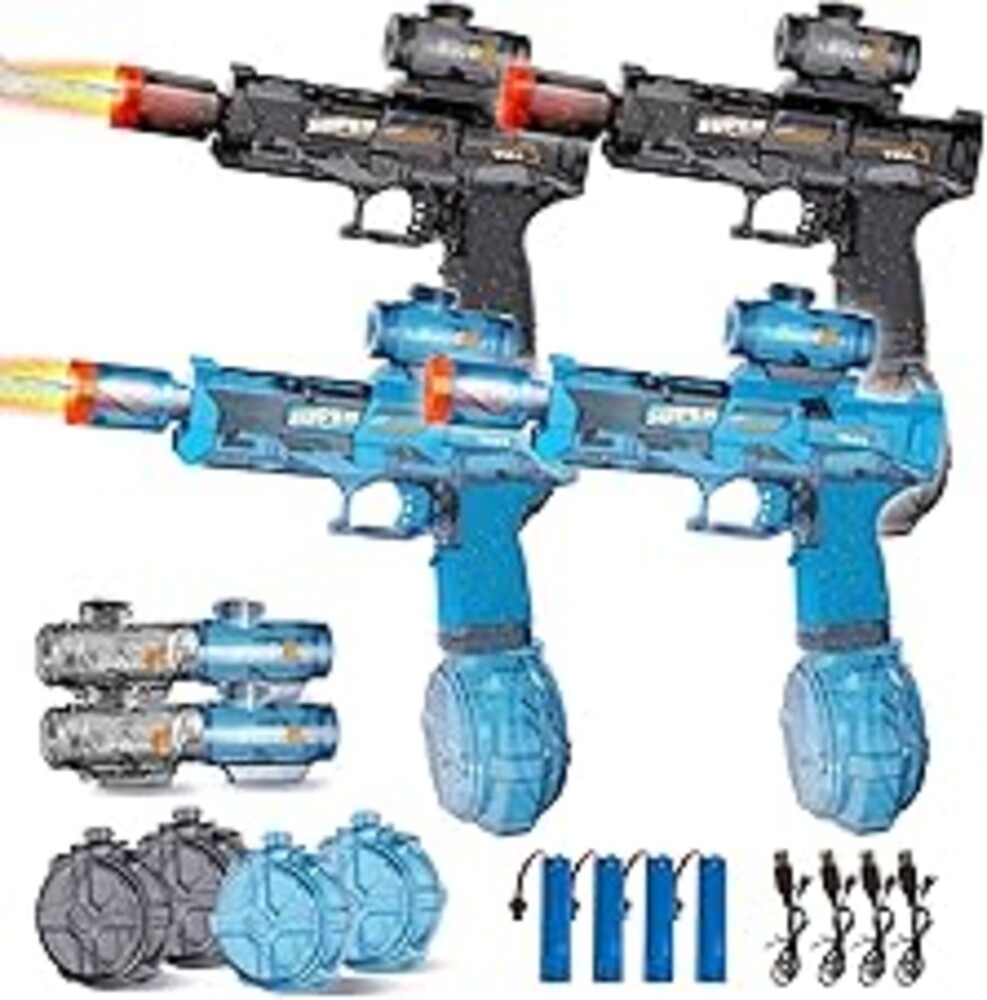 4Pcs Electric Water Gun for Kids Adults, Automatic Squirt Gun Pistol with Water Spray Sound and Led Light, Leak-Proof Rechargeable Watergun for Summer Outdoor Pool Beach Toys for Boys (Black+Blue)