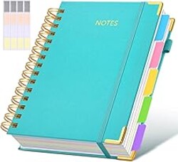 Hardcover Spiral Notebook journal with Removable Dividers Tabs, 300 Pages Leather 5 Subject Notebook College Ruled, 100GMS A5 Notebooks for Work School Note taking,Lined Journal for Women,A5-Blue
