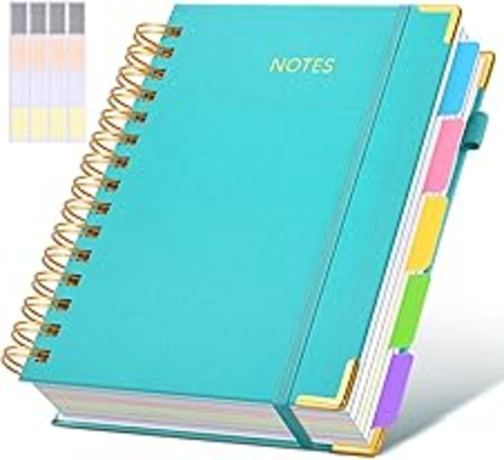 Hardcover Spiral Notebook journal with Removable Dividers Tabs, 300 Pages Leather 5 Subject Notebook College Ruled, 100GMS A5 Notebooks for Work School Note taking,Lined Journal for Women,A5-Blue