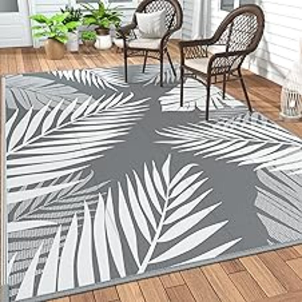 GENIMO Outdoor Rug 10' x 14' Waterproof for Patios Clearance, Reversible Outdoor Plastic Straw Camping Rug Carpet, Large Area Rugs Mats for RV, Camper, Deck, Balcony, Porch, Beach, Picnic, Grey&White