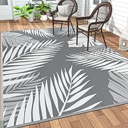 GENIMO Outdoor Rug 10' x 14' Waterproof for Patios Clearance, Reversible Outdoor Plastic Straw Camping Rug Carpet, Large Area Rugs Mats for RV, Camper, Deck, Balcony, Porch, Beach, Picnic, Grey&White