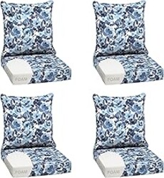Arden Outdoor Foam Deep Seat Cushion Set (4-Pack), 24x24, Premium High-Density Foam, Never Flattens, Weather-Proof for Patio Chair Sofa Couch, Blue Garden Floral