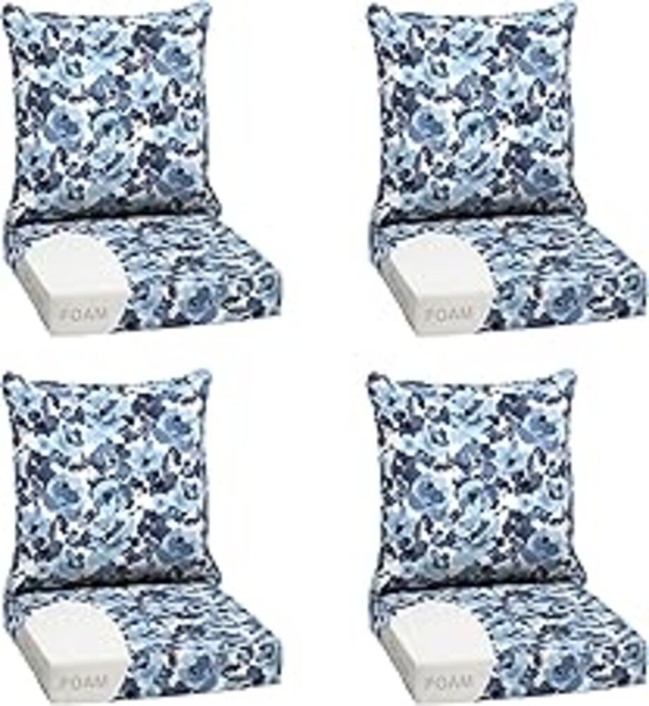 Arden Outdoor Foam Deep Seat Cushion Set (4-Pack), 24x24, Premium High-Density Foam, Never Flattens, Weather-Proof for Patio Chair Sofa Couch, Blue Garden Floral
