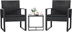 Flamaker 3 Pieces Outdoor Patio Wicker Furniture Set, Modern Rattan Chair Conversation Sets with Coffee Table for Yard and Bistro (Black)