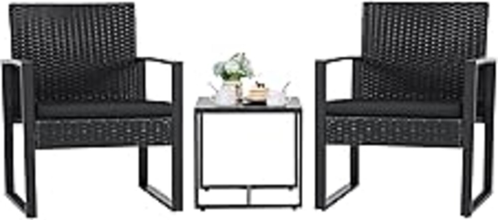 Flamaker 3 Pieces Outdoor Patio Wicker Furniture Set, Modern Rattan Chair Conversation Sets with Coffee Table for Yard and Bistro (Black)