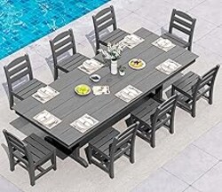 SERWALL 9 Piece Outdoor Dining Set, 84" HDPE Outdoor Table and Armless Chairs Set for 8，All Weather Patio Furniture Set with Umbrella Hole for Backyard, Garden, Gray