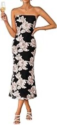 ZESICA Cocktail Wedding Guest Dresses for Women 2026 Summer Strapless Floral Bodycon Mesh Tube Formal Party Midi Dress