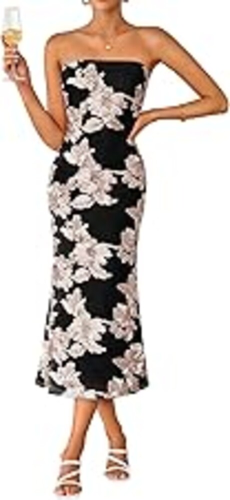 ZESICA Cocktail Wedding Guest Dresses for Women 2026 Summer Strapless Floral Bodycon Mesh Tube Formal Party Midi Dress