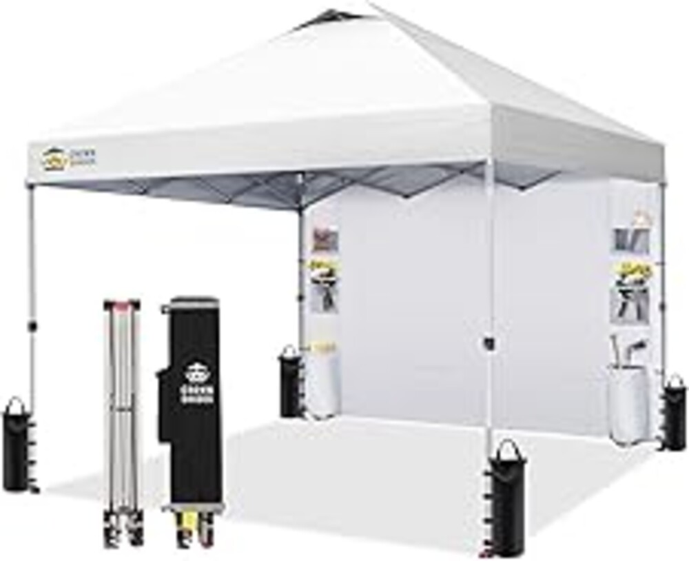 CROWN SHADES Canopy Tent 10x10 Pop Up Canopy Outdoor Shade with Pockets Sidewall, Easy Up Sun Shelter with One Person Set Up Center Lock, Portable Instant Camping Beach Canopy Tents, Grid White