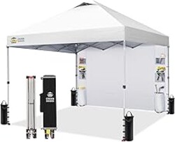 CROWN SHADES Canopy Tent 10x10 Pop Up Canopy Outdoor Shade with Pockets Sidewall, Easy Up Sun Shelter with One Person Set Up Center Lock, Portable Instant Camping Beach Canopy Tents, Grid White