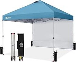 CROWN SHADES 10x10 Pop Up Canopy with 1 Side Wall - Beach Tent with One Push Setup - Outdoor Sun Shade for Events, Parties, Camping - Gazebo with STO-N-Go Cover Bag (Cyan Blue)