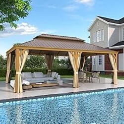 EROMMY 14'x24' Hardtop Gazebo, Galvanized Steel Double Roof with Wood-Looking Aluminum Frame, Outdoor Permanent Metal Pavilion with Curtains and Nettings for Patio, Backyard and Deck