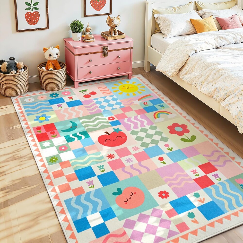 3×5 Pink Girls Bedroom Rug, Washable Kids Room Rug for Nursery Playroom, Soft Non-Slip Cute Colorful Fruit Rainbow Checkered Area Carpet for Baby Toddler Teenage