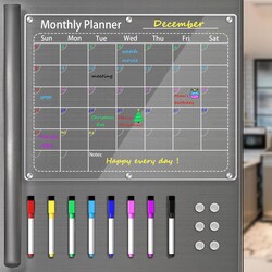 Clear Monthly Magnetic Calendar For Refrigerator,Dry Erase Calendar Planning Board,Magnetic Monthly Planner For Fridge,Acrylic Fridge Calendar Includes 8 Color Markers