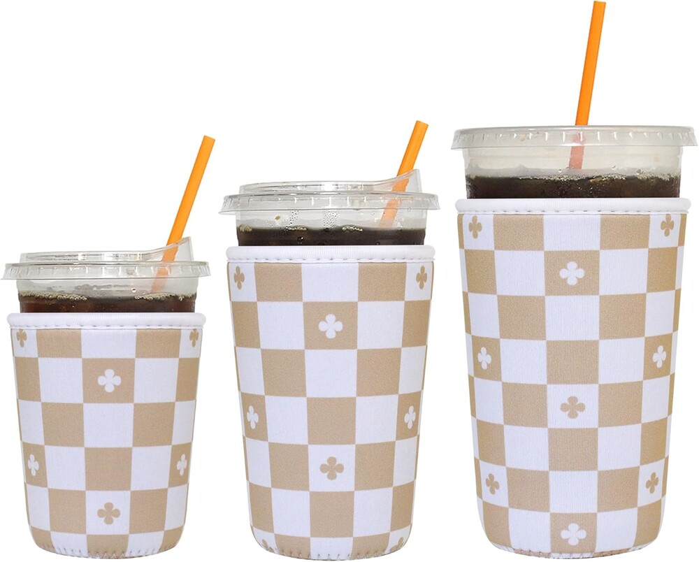 3 Pack Reusable Iced Coffee Sleeves - Insulator Neoprene Sleeve for Cold Beverages, Fashion Patterned Iced Coffee Cup Holder (Beige Checkered)