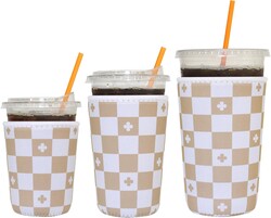 3 Pack Reusable Iced Coffee Sleeves - Insulator Neoprene Sleeve for Cold Beverages, Fashion Patterned Iced Coffee Cup Holder (Beige Checkered)