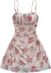 WDIRARA Women's Floral Print Ruched Cami Dress Spaghetti Strap Ruffle Hem Mesh Mini Dress