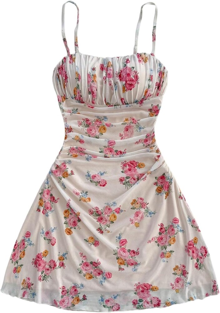 WDIRARA Women's Floral Print Ruched Cami Dress Spaghetti Strap Ruffle Hem Mesh Mini Dress