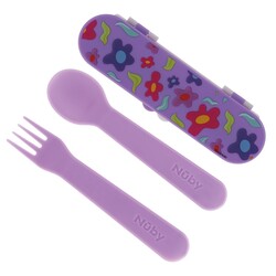 Nuby Toddler Utensils with Travel Case - Self-Feeding Fork & Spoon Set for Kids - Easy-to-Hold Training Utensils with Rounded Safe Edges for Independent Mealtime - Flowers