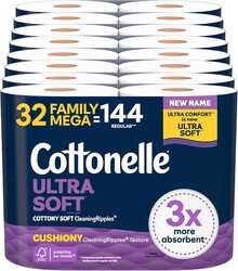 Cottonelle Ultra Soft Toilet Paper with Cushiony CleaningRipples Texture, 32 Family Mega Rolls = 144 Regular Rolls (8 Packs of 4)