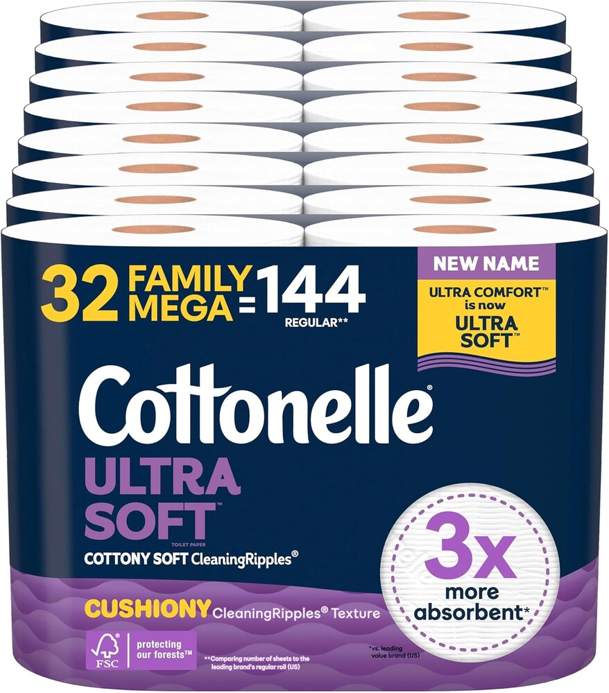 Cottonelle Ultra Soft Toilet Paper with Cushiony CleaningRipples Texture, 32 Family Mega Rolls = 144 Regular Rolls (8 Packs of 4)