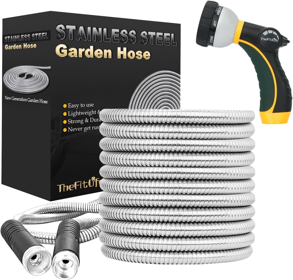 TheFitLife Flexible Metal Garden Hose - Upgrade Leak and Fray Resistant Design, Stainless Steel Water Hose with Solid Fittings and Sprayer Nozzle, Lightweight Kink Free Durable Easy Storage (75 FT)