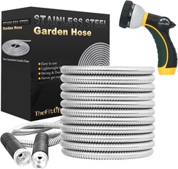 TheFitLife Flexible Metal Garden Hose - Upgrade Leak and Fray Resistant Design, Stainless Steel Water Hose with Solid Fittings and Sprayer Nozzle, Lightweight Kink Free Durable Easy Storage (75 FT)