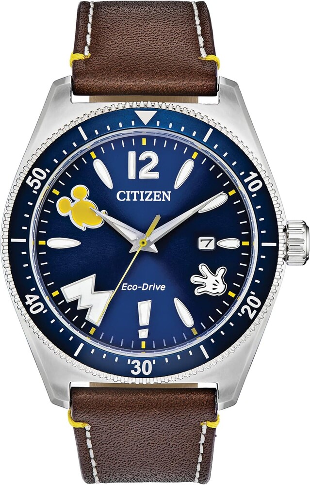 Citizen Eco-Drive Disney Quartz Men's Watch, Stainless Steel with Leather strap, Mickey Mouse, Brown (Model: AW1599-00W)