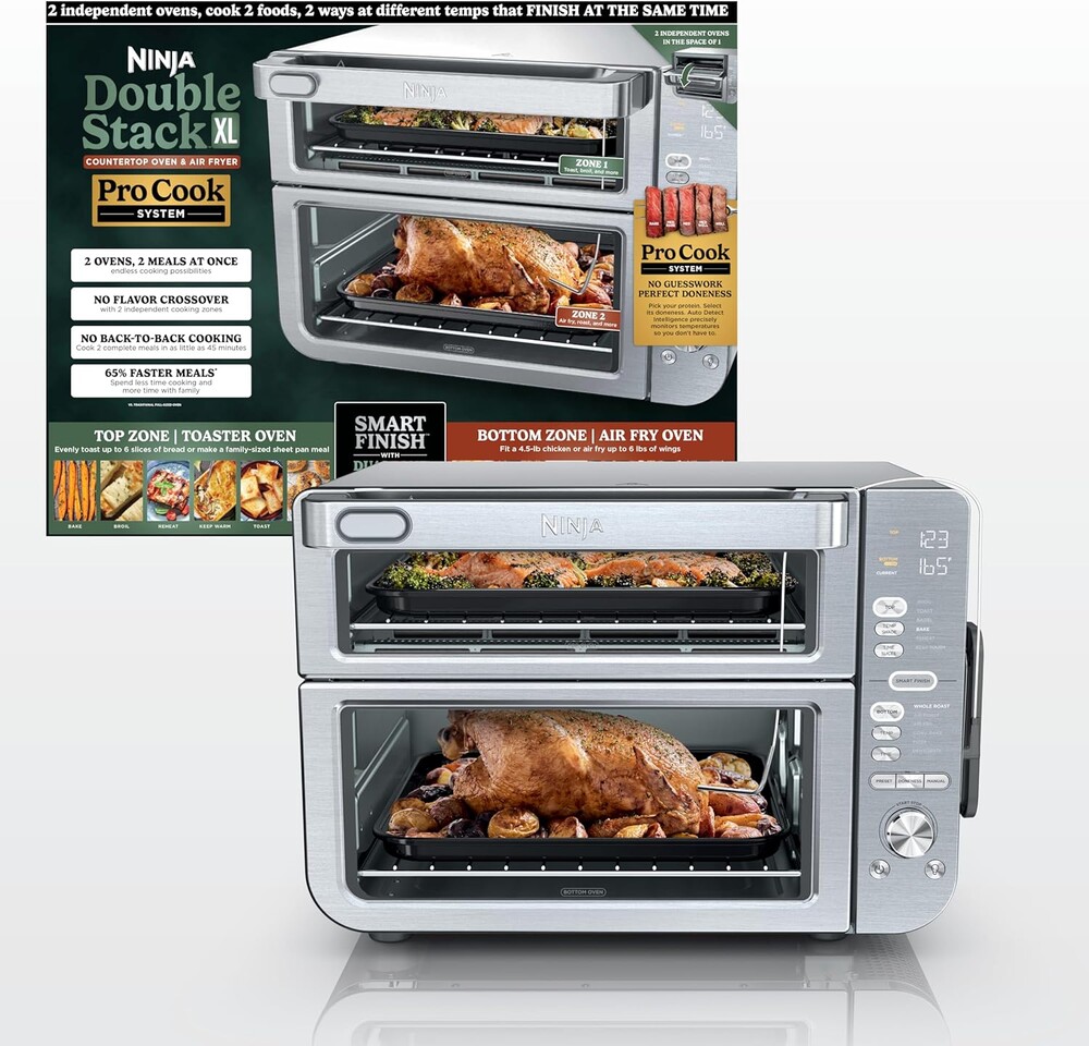 Ninja Air Fryer & Toaster Oven Combo with Thermometer | Double Stack XL | 12-in-1 | Smart Finish & DualZone Technology Cook 2 Meals at Once | Air Fry, Bake, Broil, Reheat | Stainless Steel | DCT651