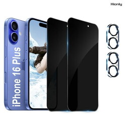 [2+2 Pack] Hionly for iPhone 16 Plus Privacy Screen Protector with Camera Lens Protector,Sensor Protection,Case Friendly Tempered Glass Film[9H Hardness] [Bubble Free] [Easy Install]
