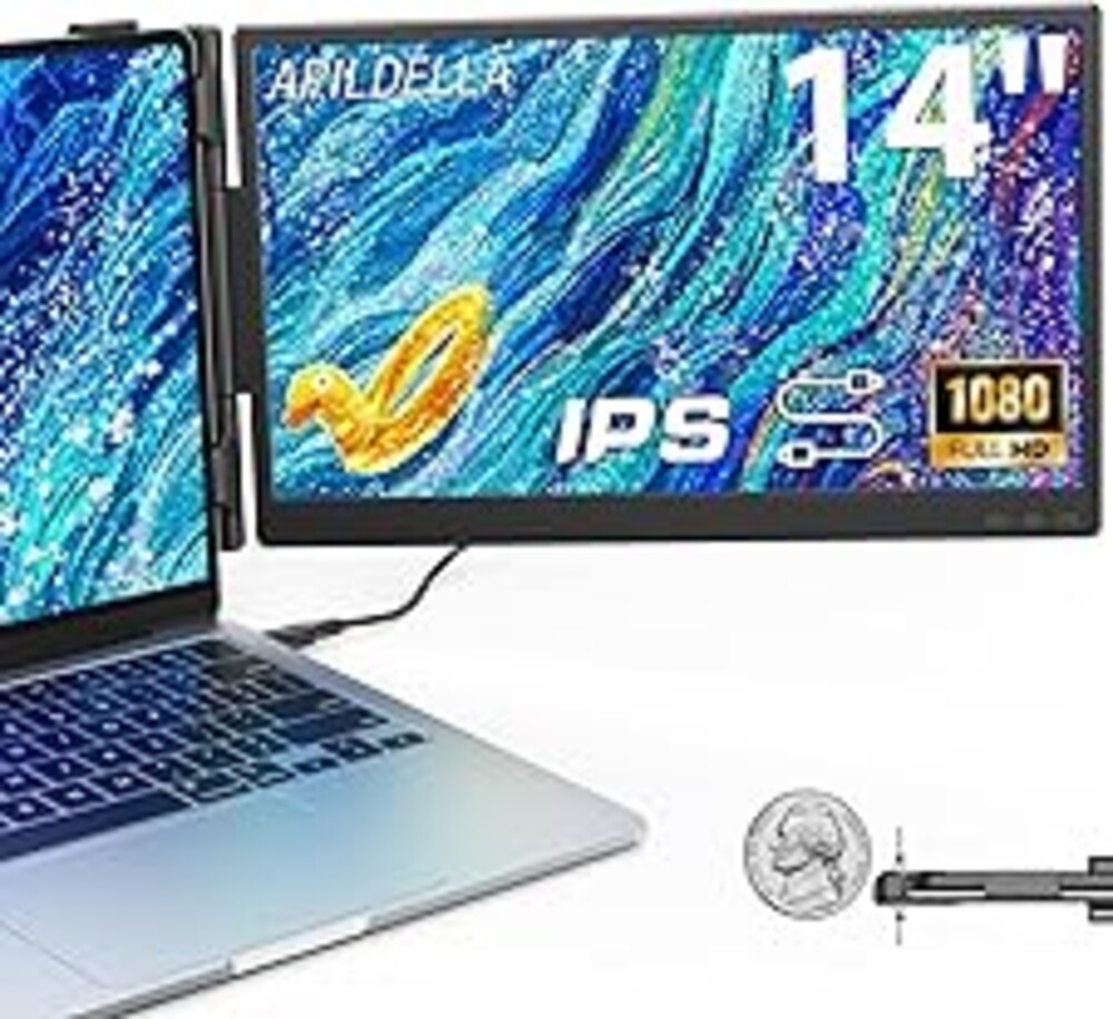 APILDELLA 14'' Dual Laptop Screen Extender, 1080P FHD Laptop Extended Monitor Portable with Speaker, Plug-Play Second Monitor for 13-16'' Laptops, Work with Mac, Window, Chrome