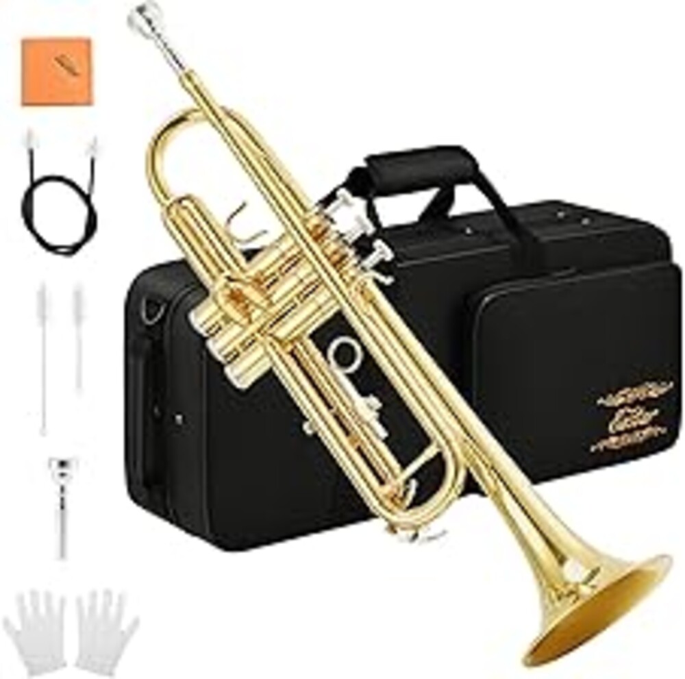 Eastar Bb Standard Trumpet Set for Beginner, Brass Student Trumpet Instrument with Hard Case, Cleaning Kit, 7C Mouthpiece and Gloves, ETR-380, Golden