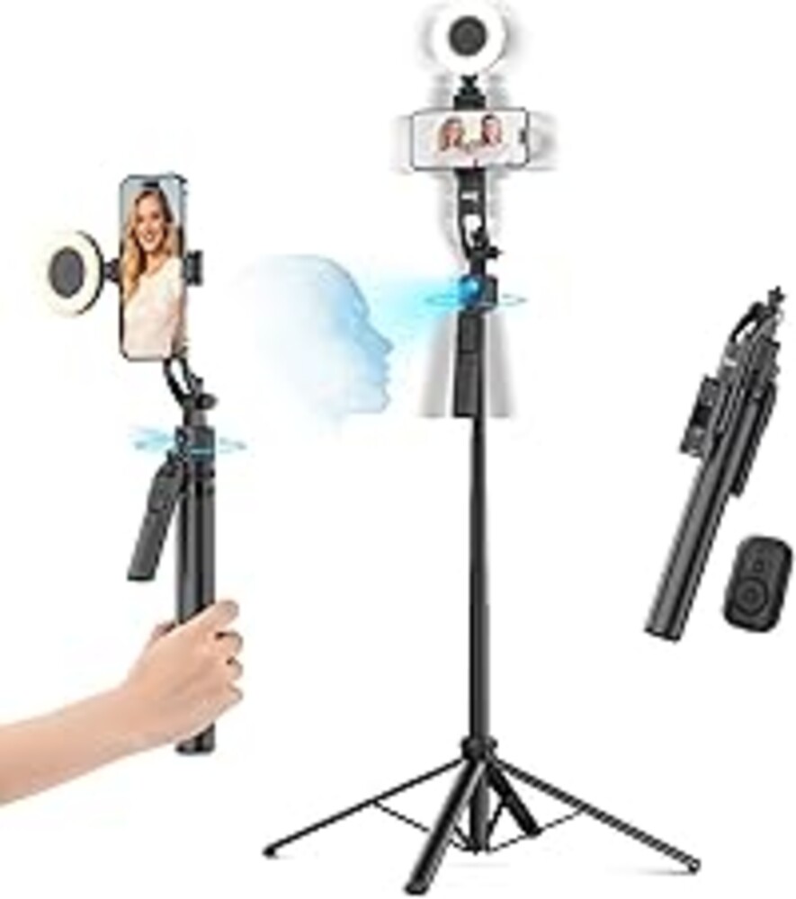 Acer Gadget Auto Face Tracking Tripod for iPhone/Cell Phone/Android/Camera with Light and Remote, 64", No App, 360°Rotating Tripod Selfie Stick for Tiktok YouTube Vlog Live Streaming Video Recording