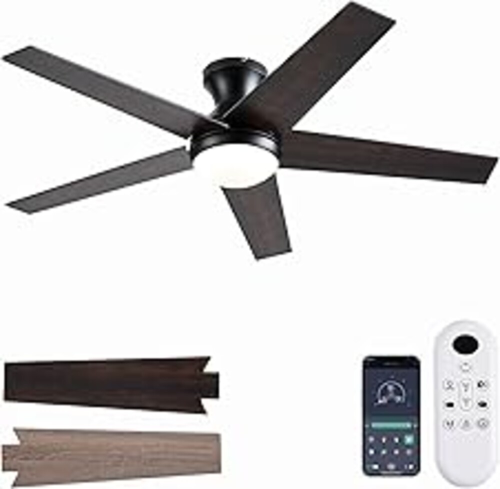 Ayaoty Ceiling Fans with Lights, 48 inch Low Profile Ceiling Fan with Light and Remote Control, Flush Mount, Reversible Motor, Dimmable, Noiseless, Brown Ceiling Fan for Bedroom, Indoor/Outdoor Use