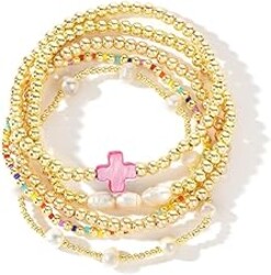 SHINUS BOHO 14K Gold Pearl Beaded Cross Bracelets Stack Set for Women,Stretch Boho Colorful Christian Beads Ball Jewelry Trendy Gift